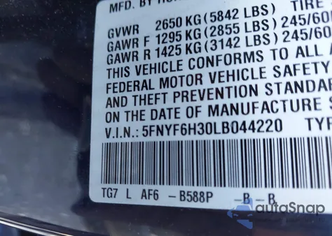 2020 Honda Pilot Awd Ex from USA, damaged, VIN 5FNYF6H30LB044220